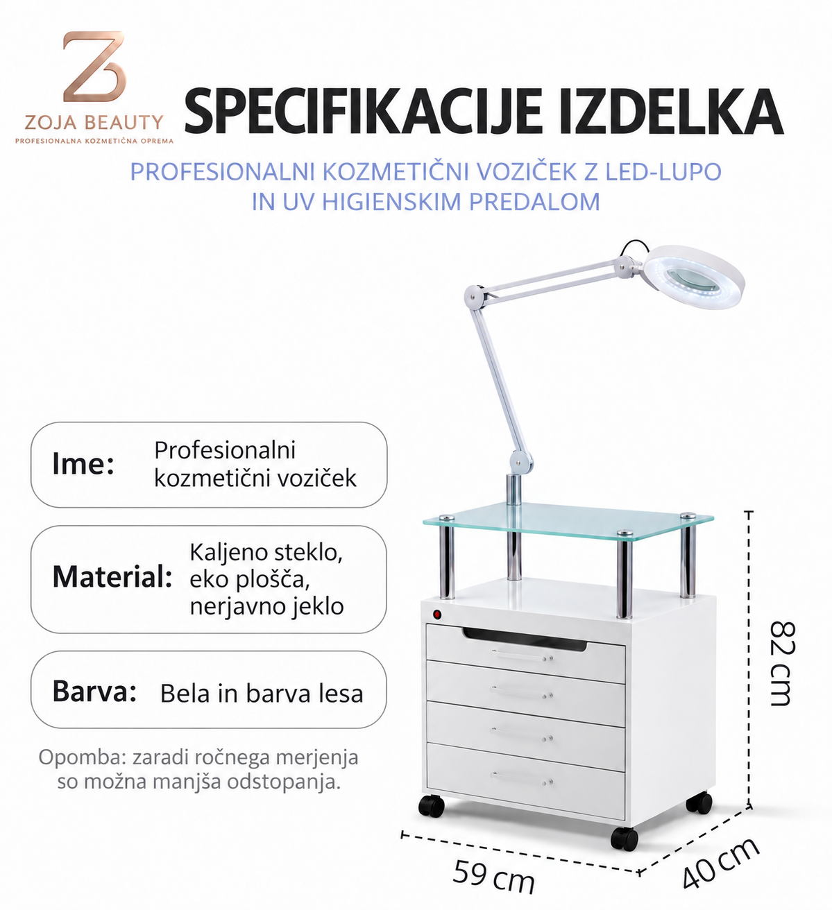 Profesionalni kozmetični voziček z LED-lupo in UV higienskim predalom, dimenzije 59 × 40 × 82 cm