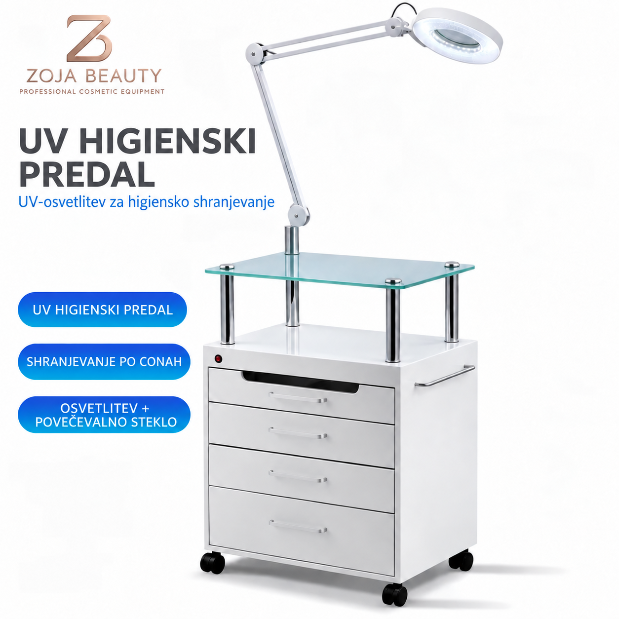 Profesionalni salonski voziček z LED-lupo, stekleno polico in UV higienskim predalom