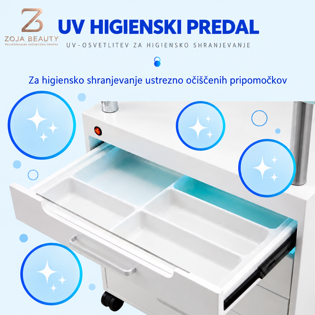 Odprt UV higienski predal profesionalnega kozmetičnega vozička Zoja Beauty