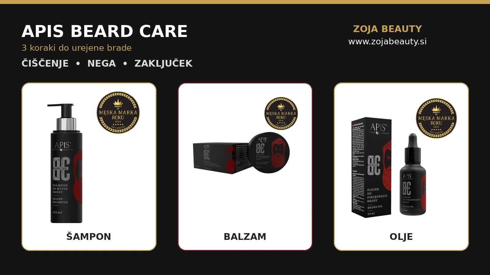 APIS Beard Care rutina za nego brade s šamponom, balzamom in oljem