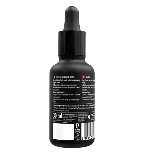 APIS olje za nego brade 30 ml embalaža z navodili in INCI seznamom